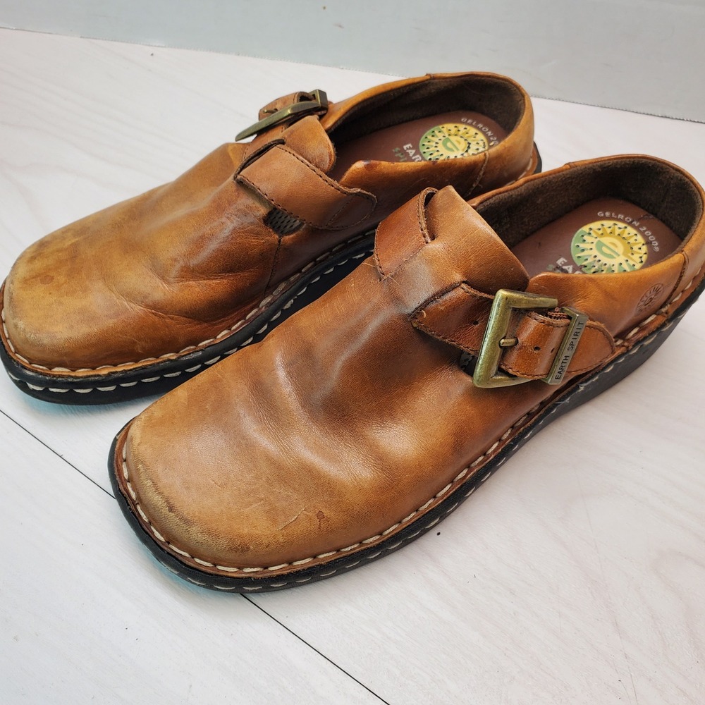 Earth Spirit Hickory II Tan Leather Clogs Buckle Mules 7.5 Granola Gorpcore 90s
